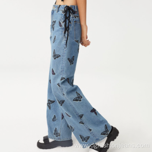 Custom Womens Loose Wide Leg Butterfly Printed Jeans